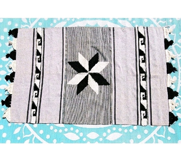 SOUTHWEST HAND WOVEN RUG WOOL 79" x 43" Large Thick Blk Whi Gray OOAK EXC