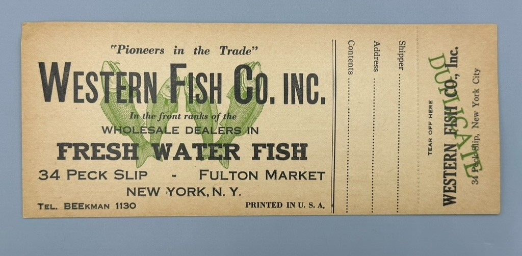 c 1910 Western FISH Co FULTON MARKET Shipping Tag Antique Advertising c 1910 Western FISH Co FULTON MARKET Shipping Tag Antique Advertising