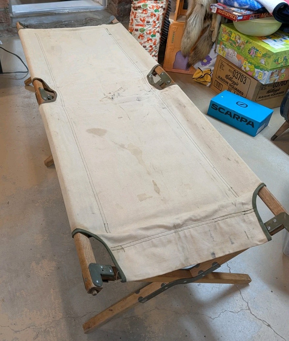 Vintage US Military Cot Folding Military Bed Canvas Wood Frame w/o End Sticks