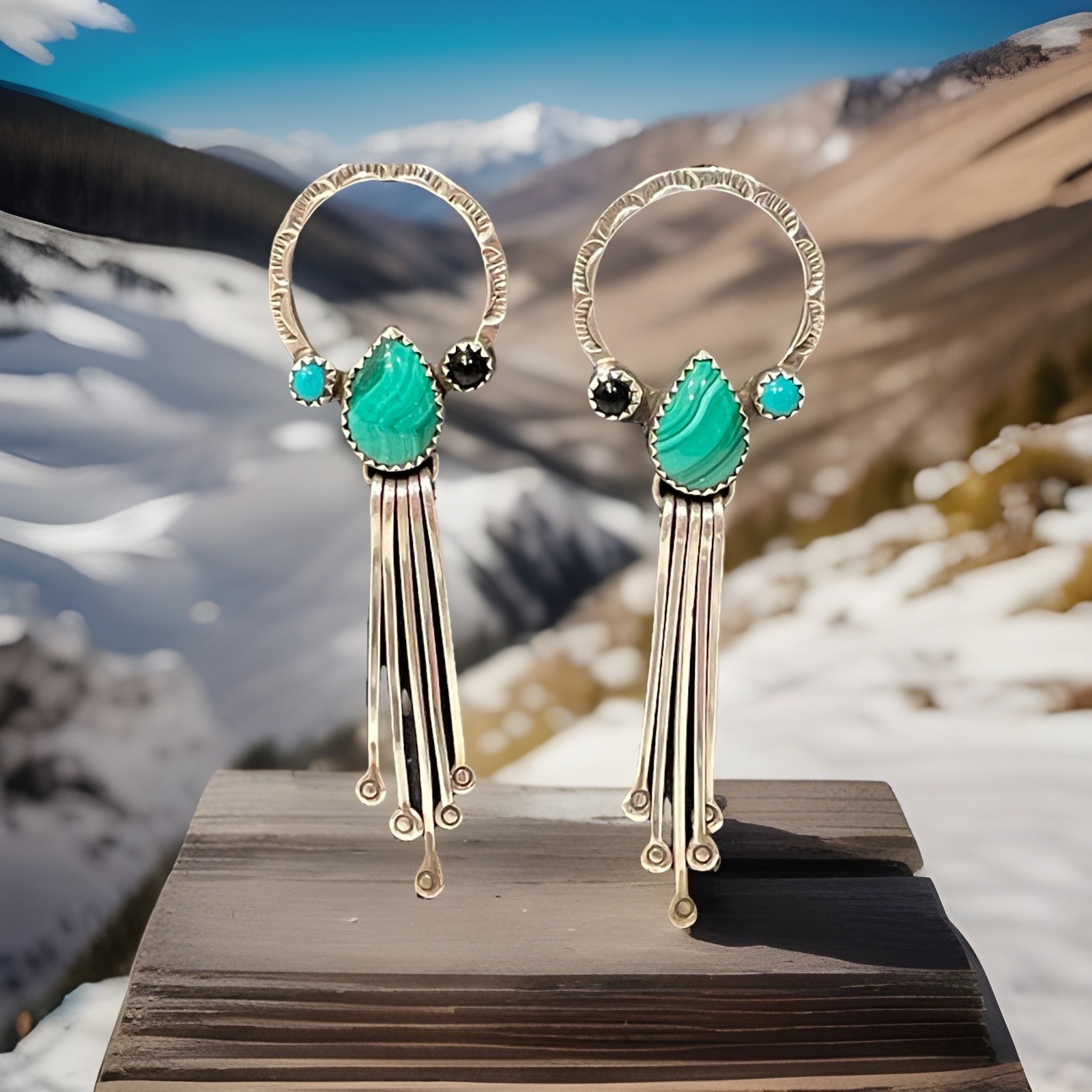 Vintage Navajo Sterling Silver Malachite Turquoise Inlay Dangle Drop Earrings