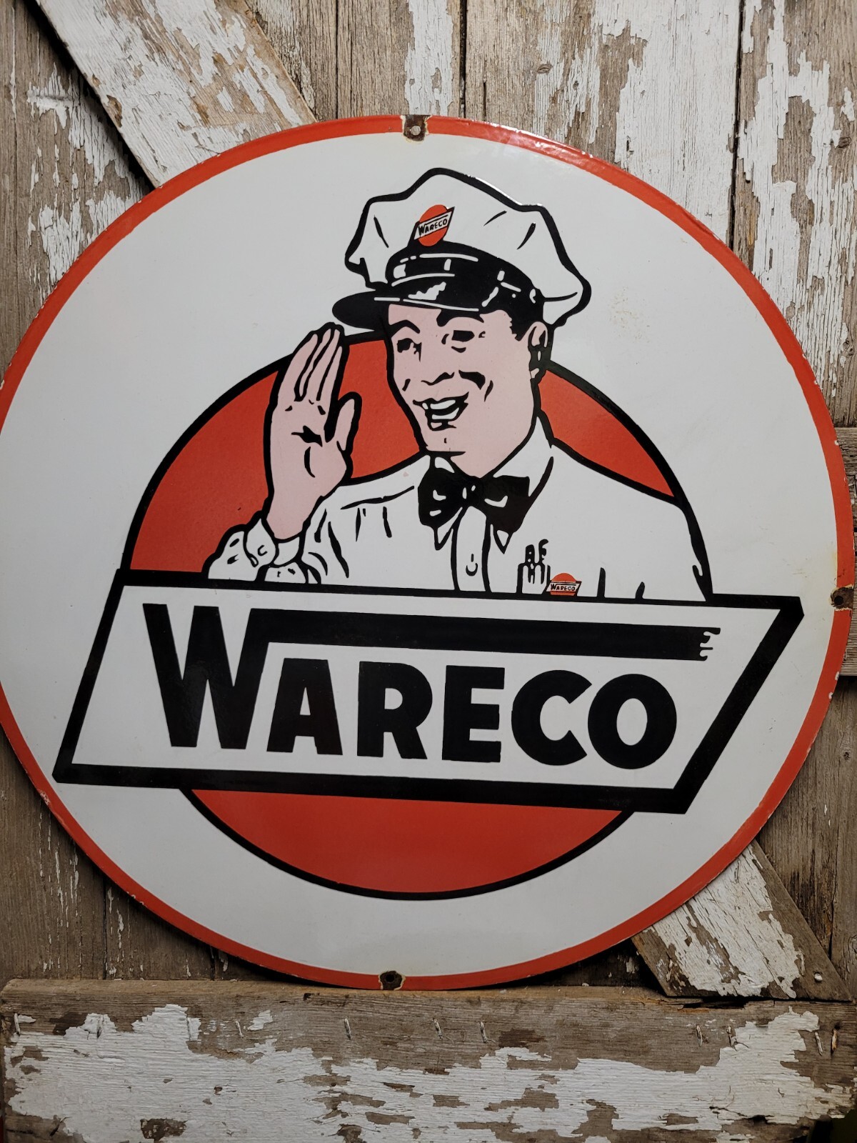 VINTAGE WARECO PORCELAIN SIGN 30" OLD GASOLINE GAS STATION OIL LUBE SHOP TEXACO