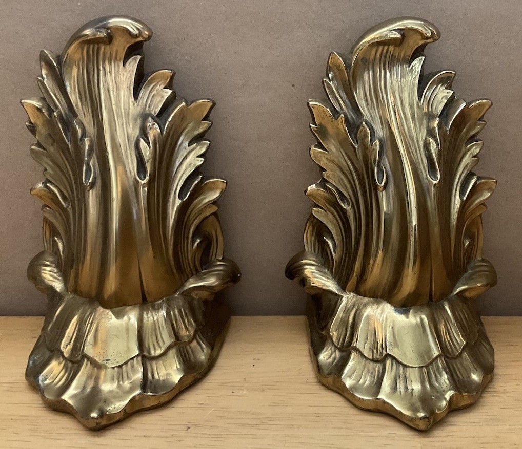 Vintage Pair Brass Acanthus Leaf Bookends ~ Classic Hollywood Regency Very Heavy