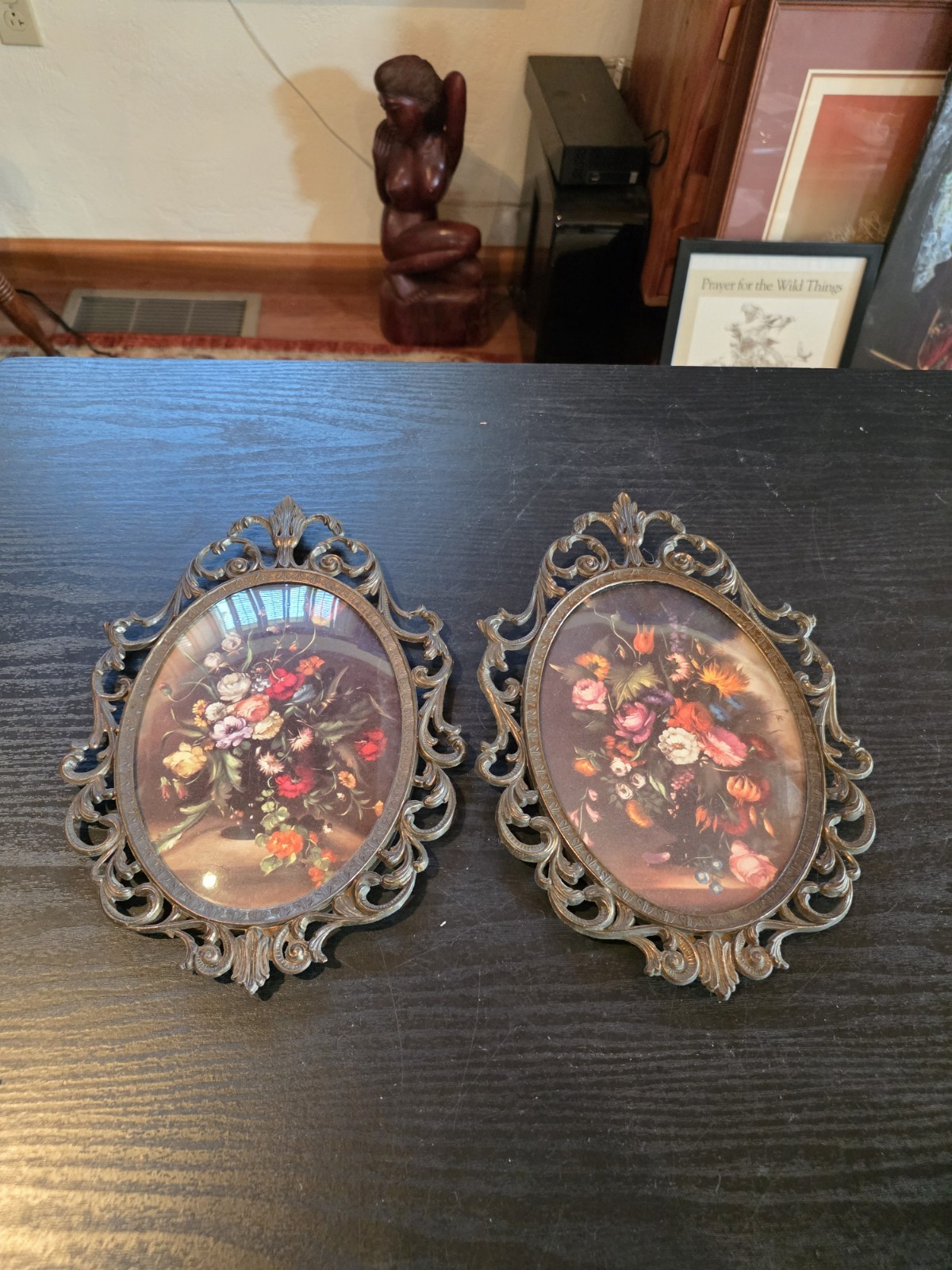 Vintage Victorian Ornate Brass Frames Convex Bubble Glass Floral Italy Set of 2 Vintage Victorian Ornate Brass Frames Convex Bubble Glass Floral Italy Set of 2