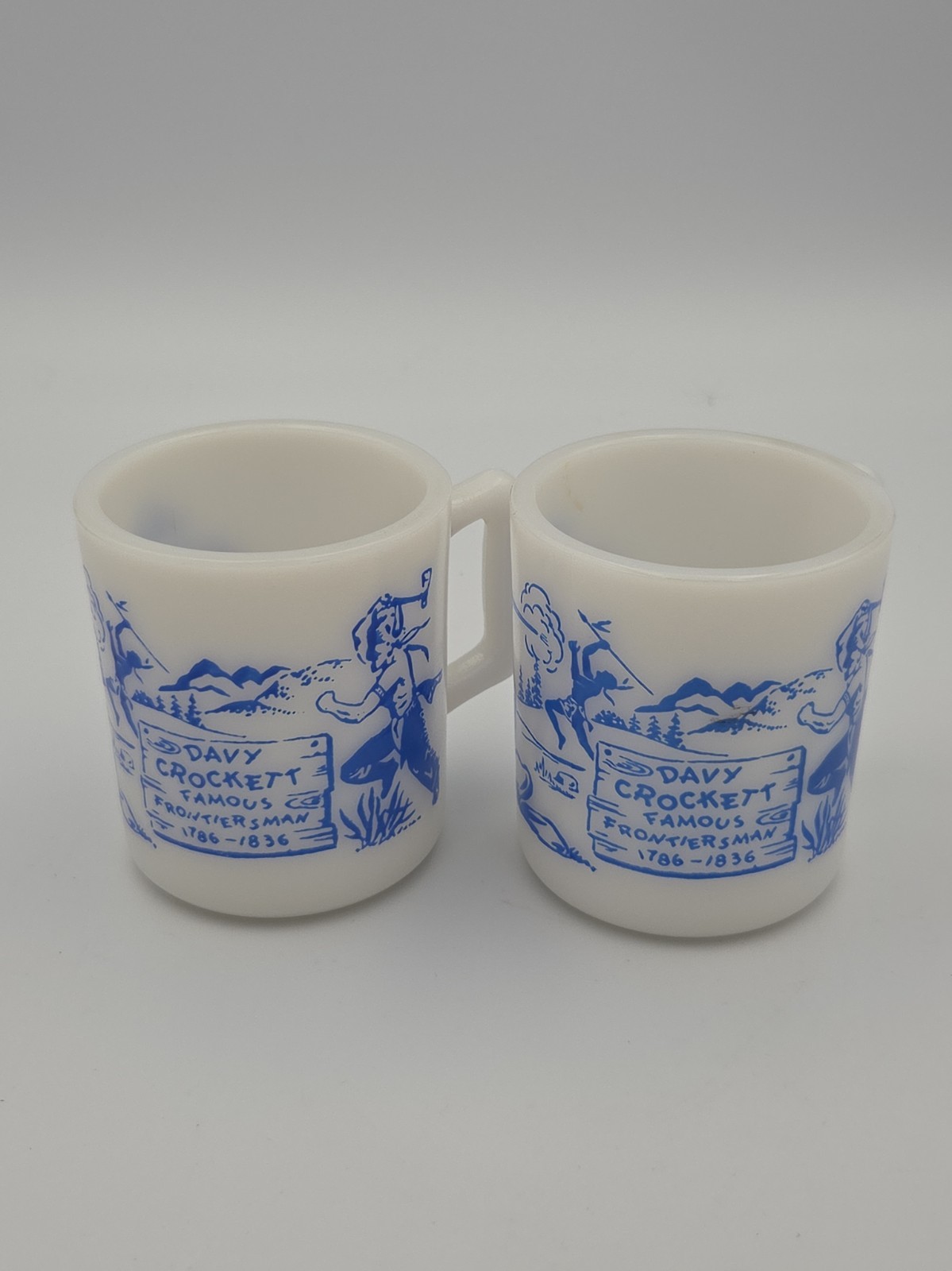 2 pc Davy Crocket Vintage Blue Vintage Milk Glass Collectible Cups/mugs 2 pc Davy Crocket Vintage Blue Vintage Milk Glass Collectible Cups/mugs
