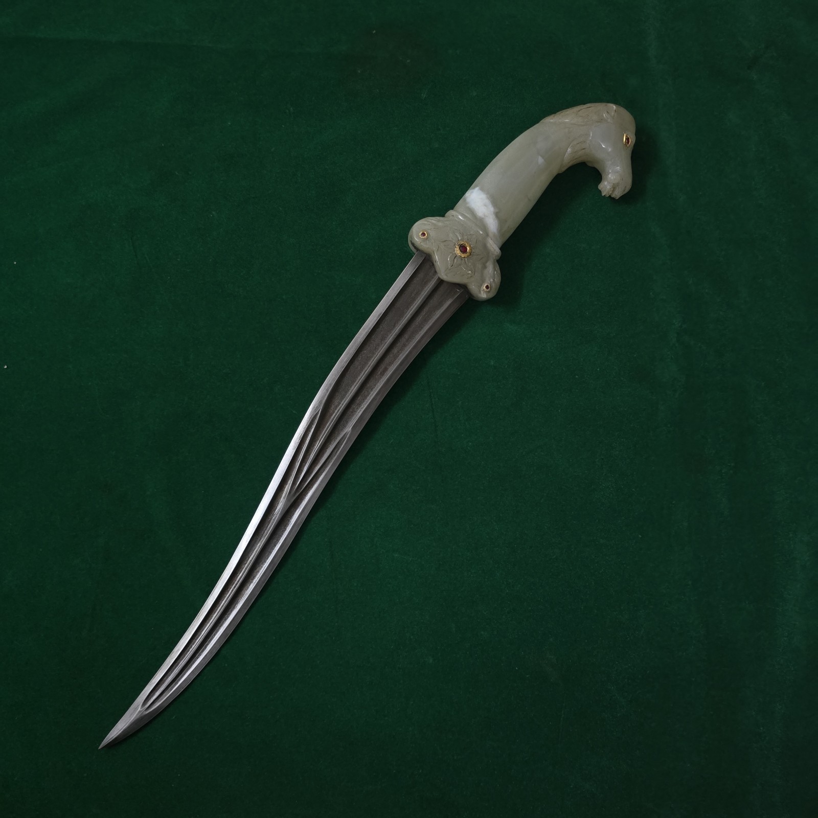 Vintage Mughal Islamic Celedon Jade Gem Setted Camel Wootz Khanjar Dagger 17" Vintage Mughal Islamic Celedon Jade Gem Setted Camel Wootz Khanjar Dagger 17"
