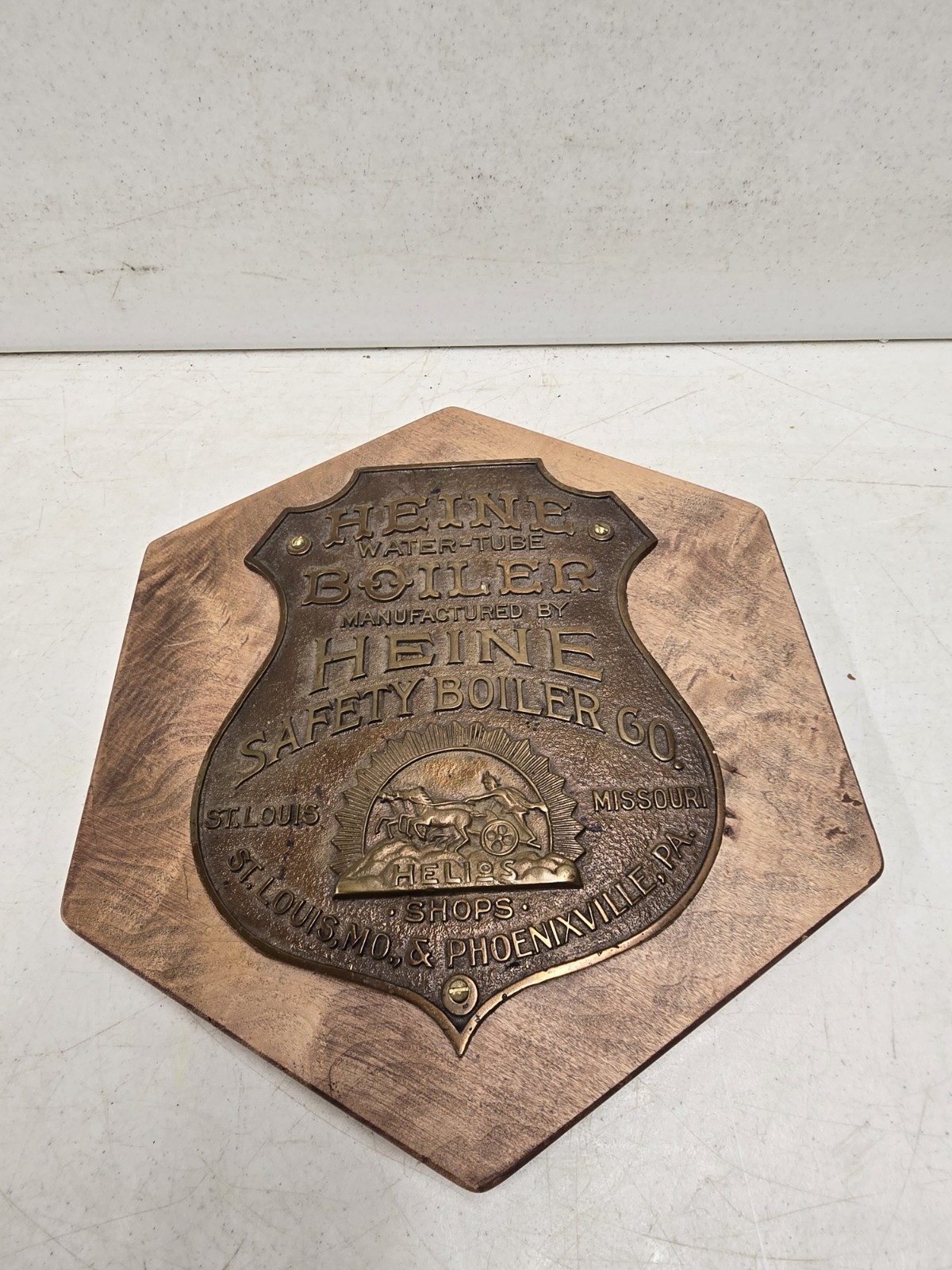 Antique 19C Heine Safety Boiler St Louis MO Advertising Brass Helios Plaque Sign Antique 19C Heine Safety Boiler St Louis MO Advertising Brass Helios Plaque Sign
