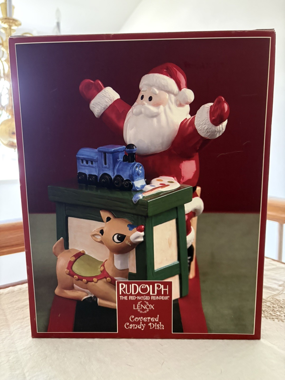 Lenox Rudolph Red Nosed Reindeer And Santa at Work Bench Covered Candy Dish 2002 Lenox Rudolph Red Nosed Reindeer And Santa at Work Bench Covered Candy Dish 2002