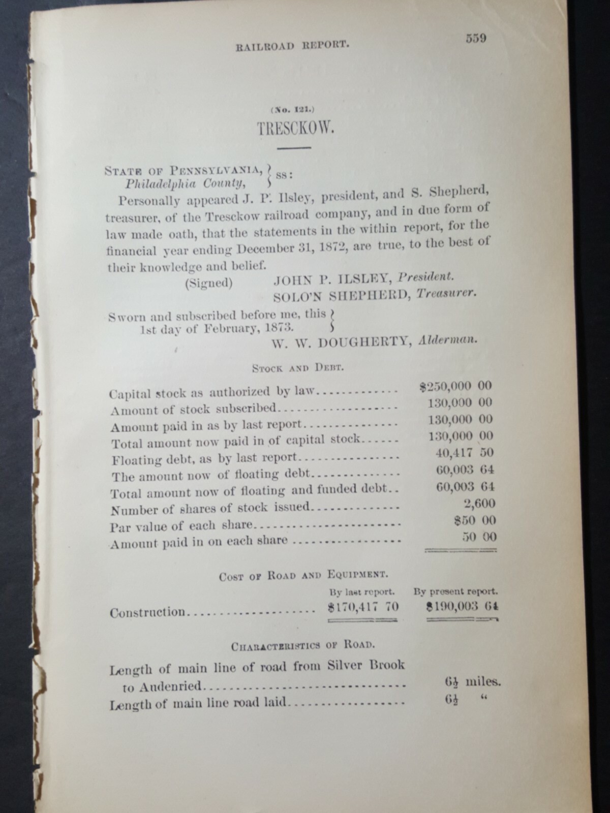 1873 train paper TRESCKOW RAILROAD Audenried to Silver Brook Schuylkill Co. PA