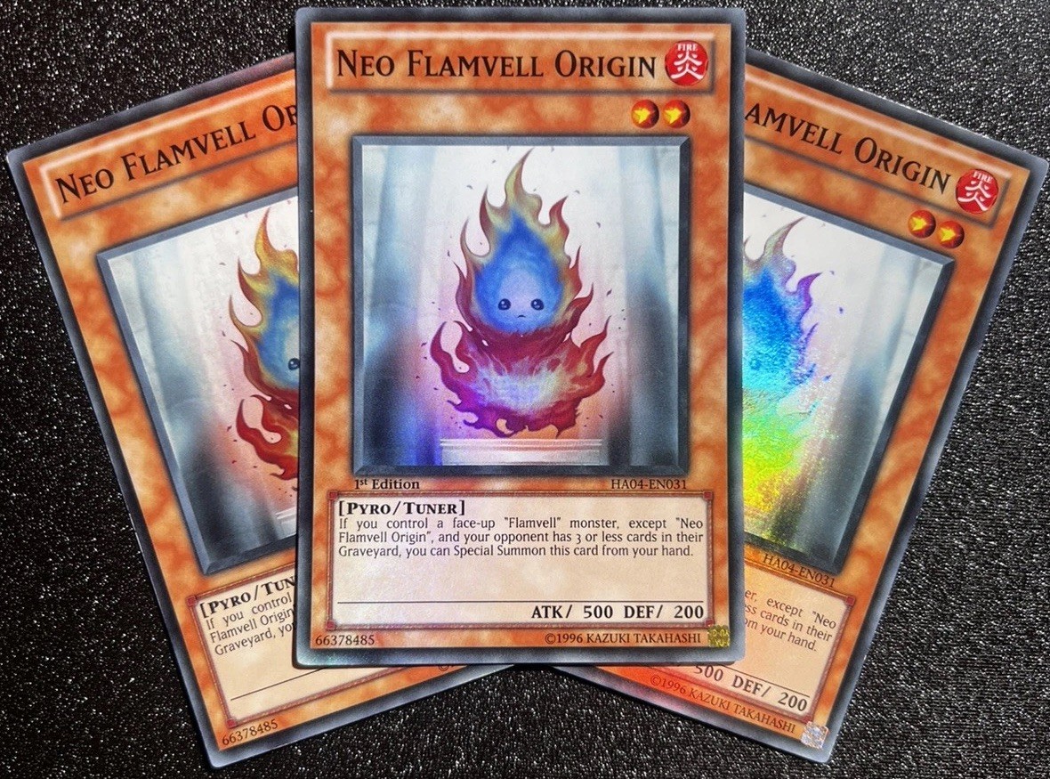 3x Neo Flamvell Origin| Full Playset | HA04-EN031 | Super Rare | 1st Edition NM 3x Neo Flamvell Origin| Full Playset | HA04-EN031 | Super Rare | 1st Edition NM
