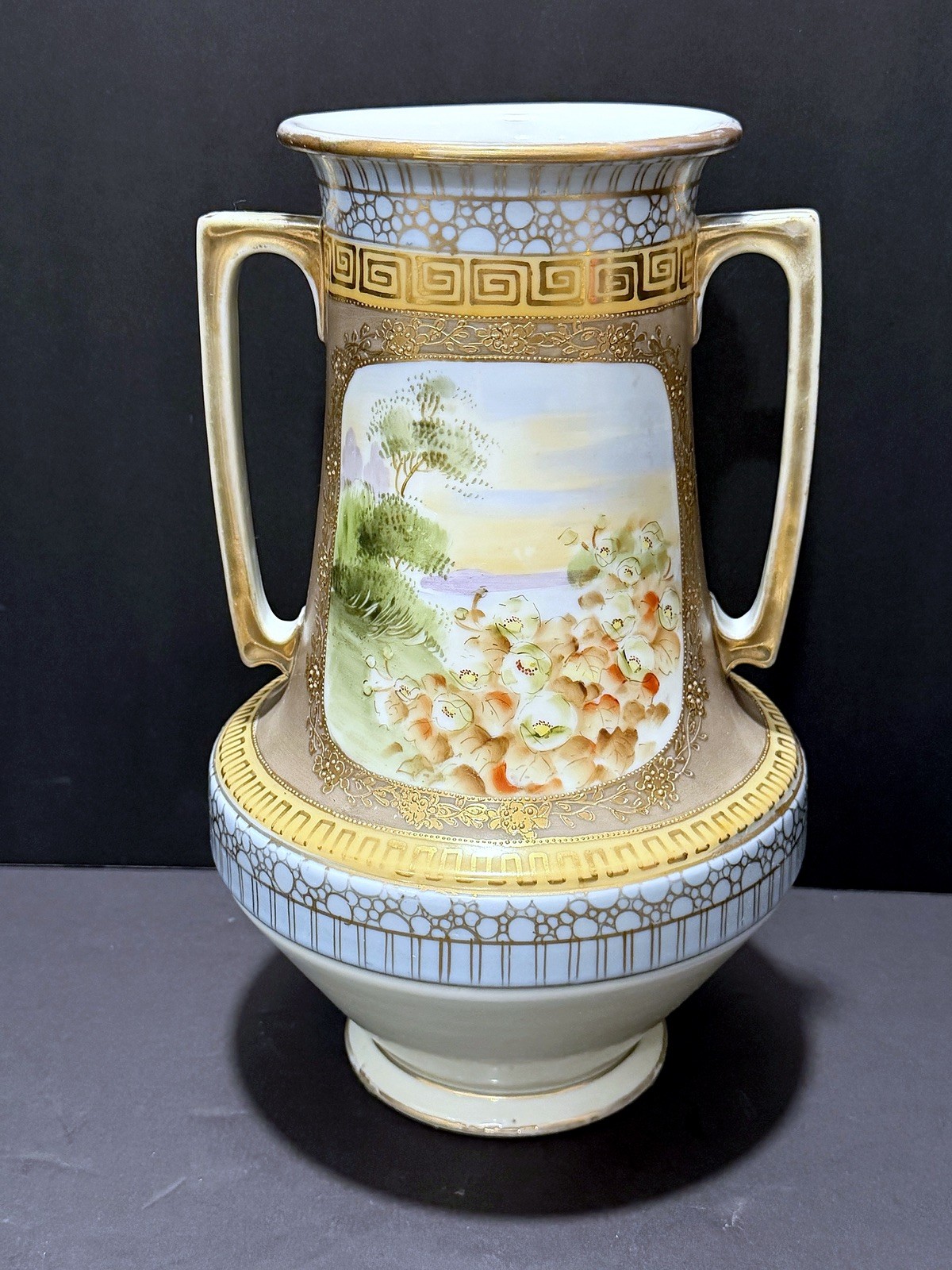 Antique Nippon Moriage Vase Twin Handle 12" Hand Painted Scenic Meadow Flower Antique Nippon Moriage Vase Twin Handle 12" Hand Painted Scenic Meadow Flower