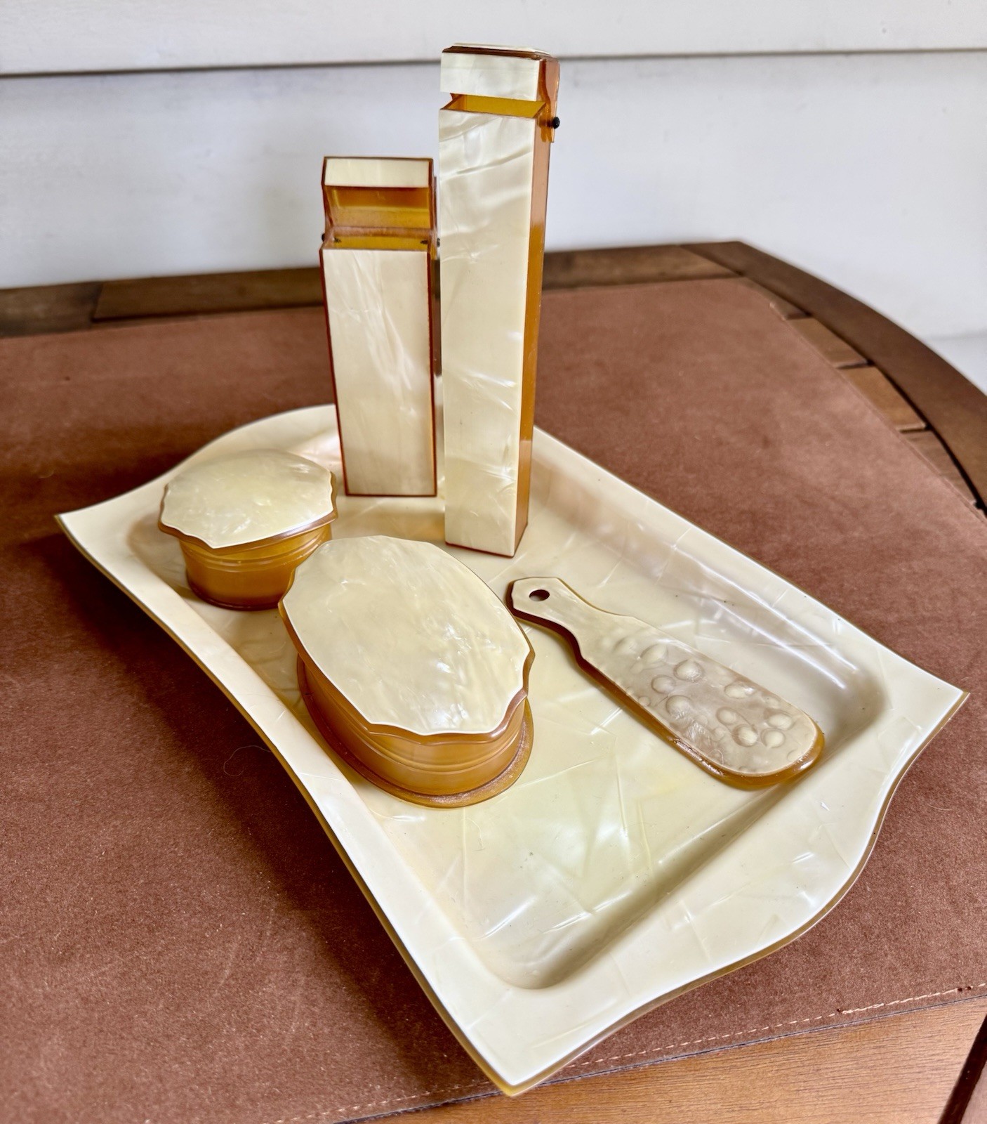 Antique 1920s Pyralin Mayflower Celluloid Vanity Set 7 Pcs Pearl Amber Art Deco