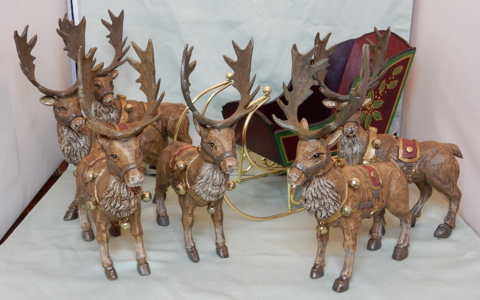 Herd of Six Decorative Christmas Reindeer and Sleigh - Handcrafted for Silvestri