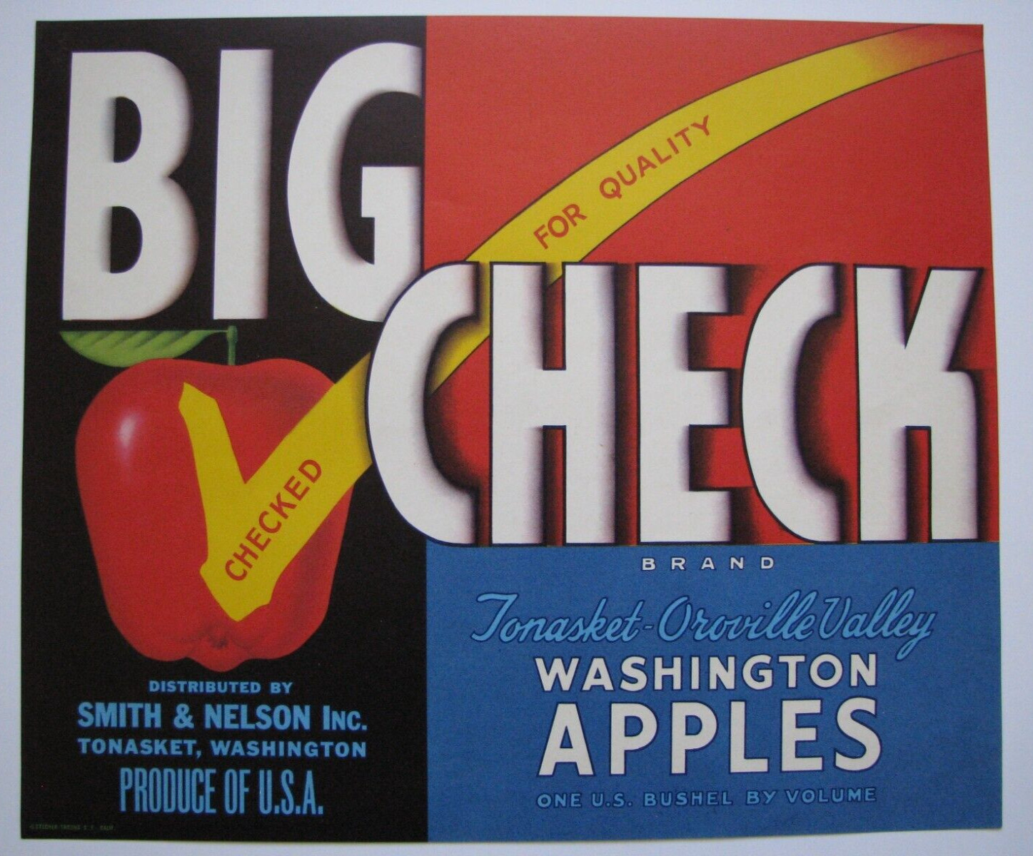 Original scarce BIG CHECK apple crate label Tonasket WA Smith & Nelson blue/red Original scarce BIG CHECK apple crate label Tonasket WA Smith & Nelson blue/red