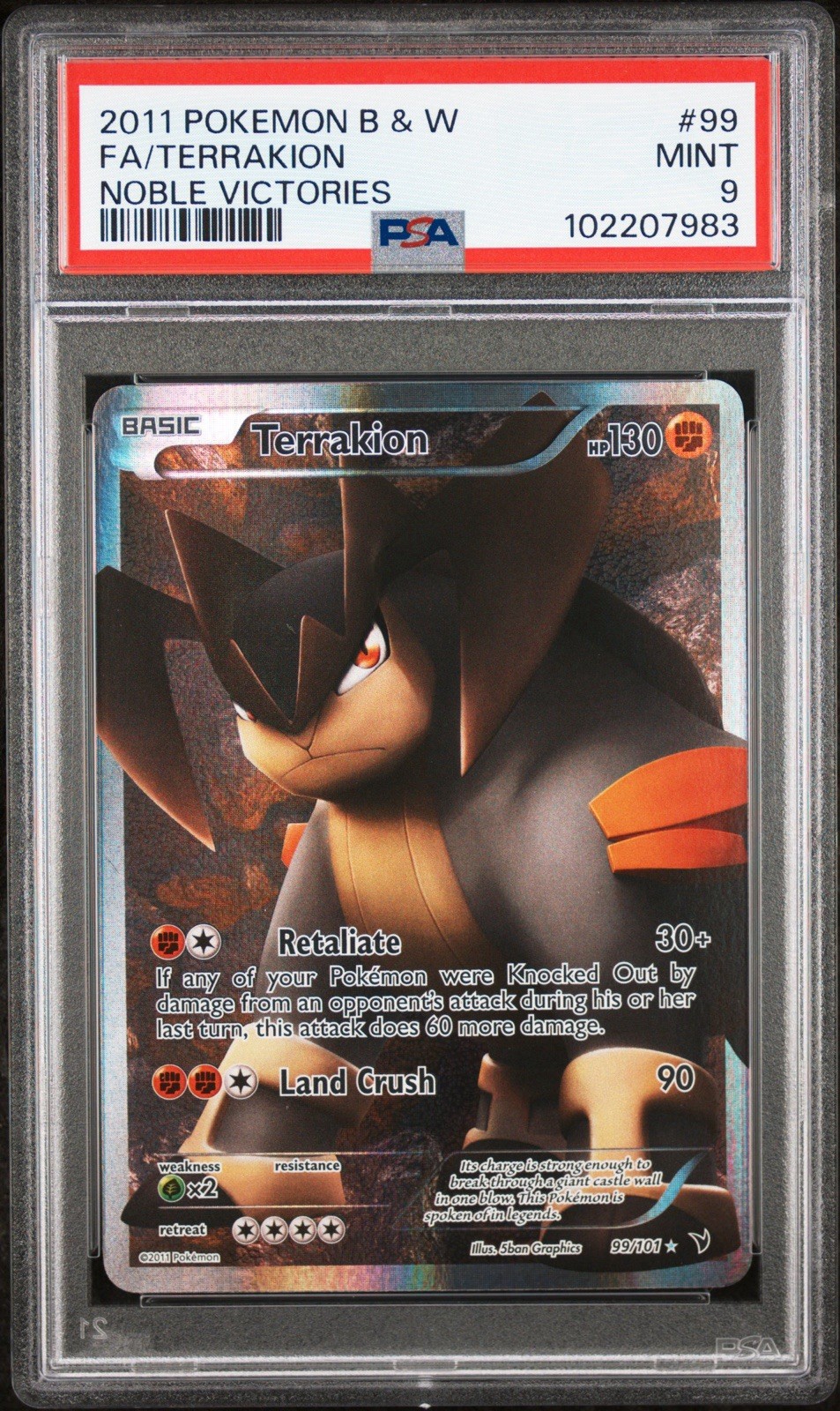Pokémon 2011 Black & White Noble Victories Terrakion 99/101 PSA 9