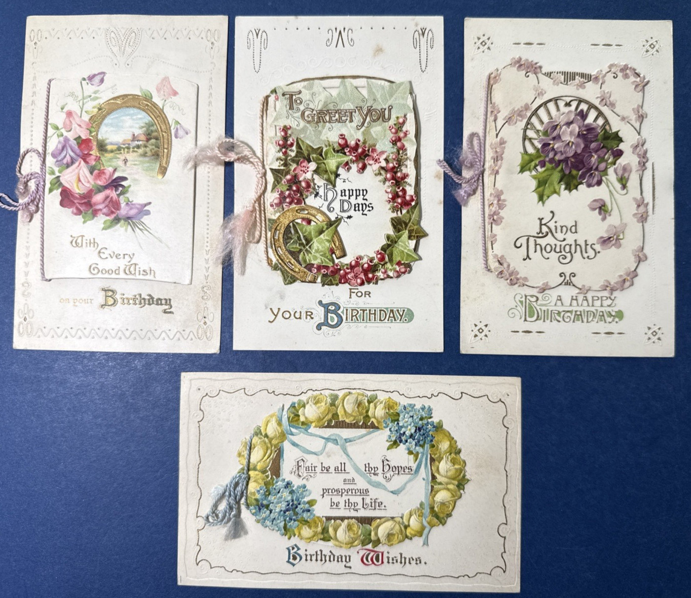 SET 4 Birthday Antique Postcards. EMB, Gold. Scenes, Flowers. BOOKLETS. Nice SET 4 Birthday Antique Postcards. EMB, Gold. Scenes, Flowers. BOOKLETS. Nice