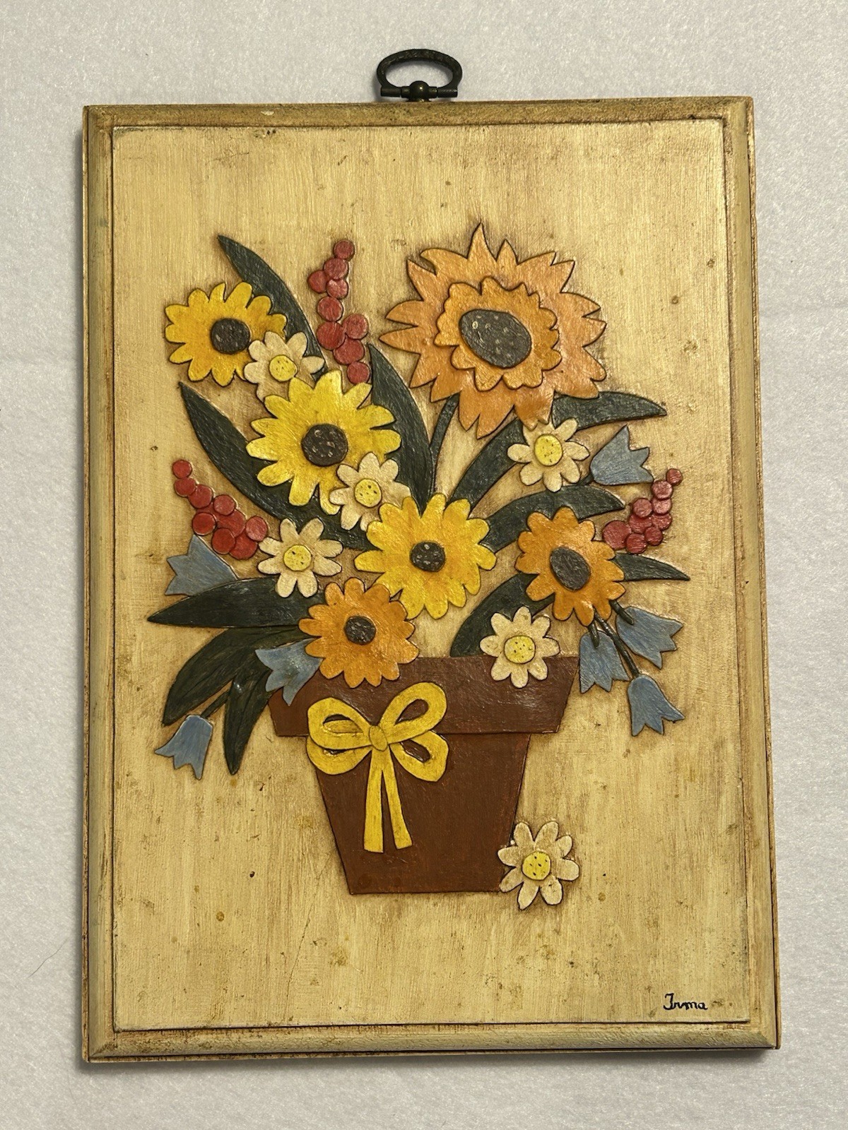 Vintage Folk Art Wooden Floral Wall Plaque Signed Irma 3D Raised Flowers