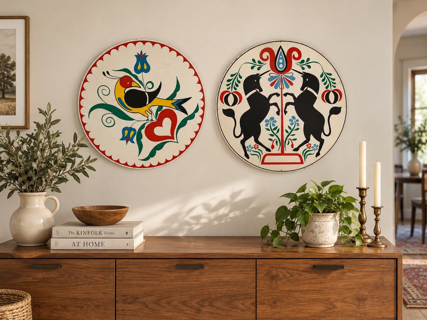 Vintage Pennsylvania Dutch Folk Art Hex Signs 23.25” Bird Horses Wall Decor Pair Vintage Pennsylvania Dutch Folk Art Hex Signs 23.25” Bird Horses Wall Decor Pair