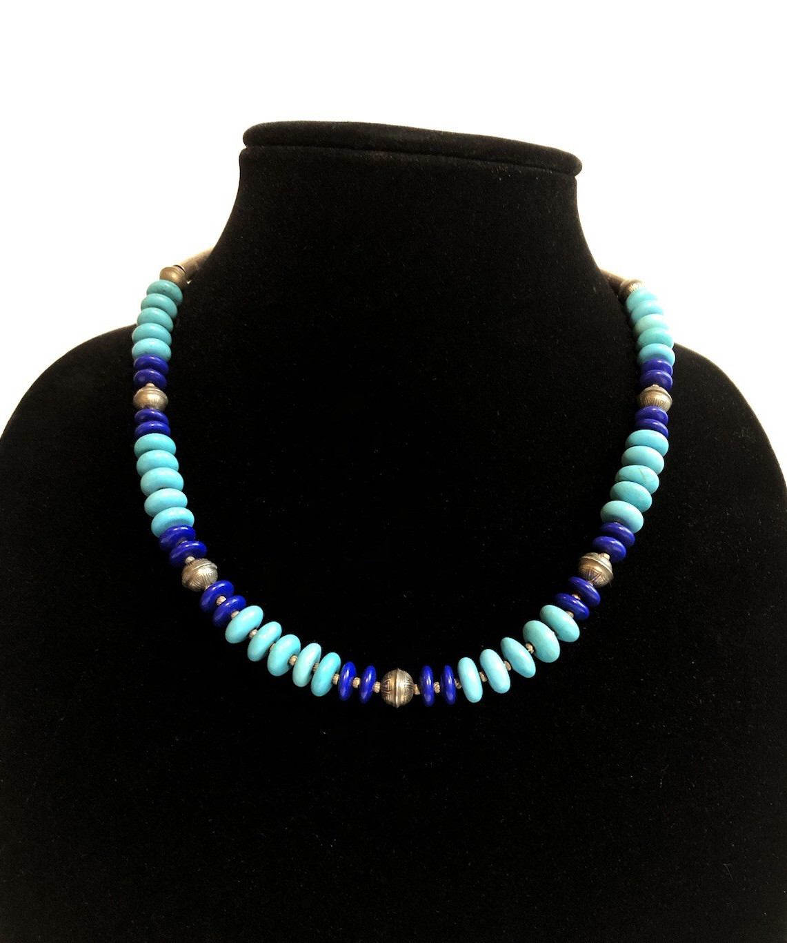 Natural Turquoise, Lapis, & Silver Necklace w/ Extender 21” Natural Turquoise, Lapis, & Silver Necklace w/ Extender 21”