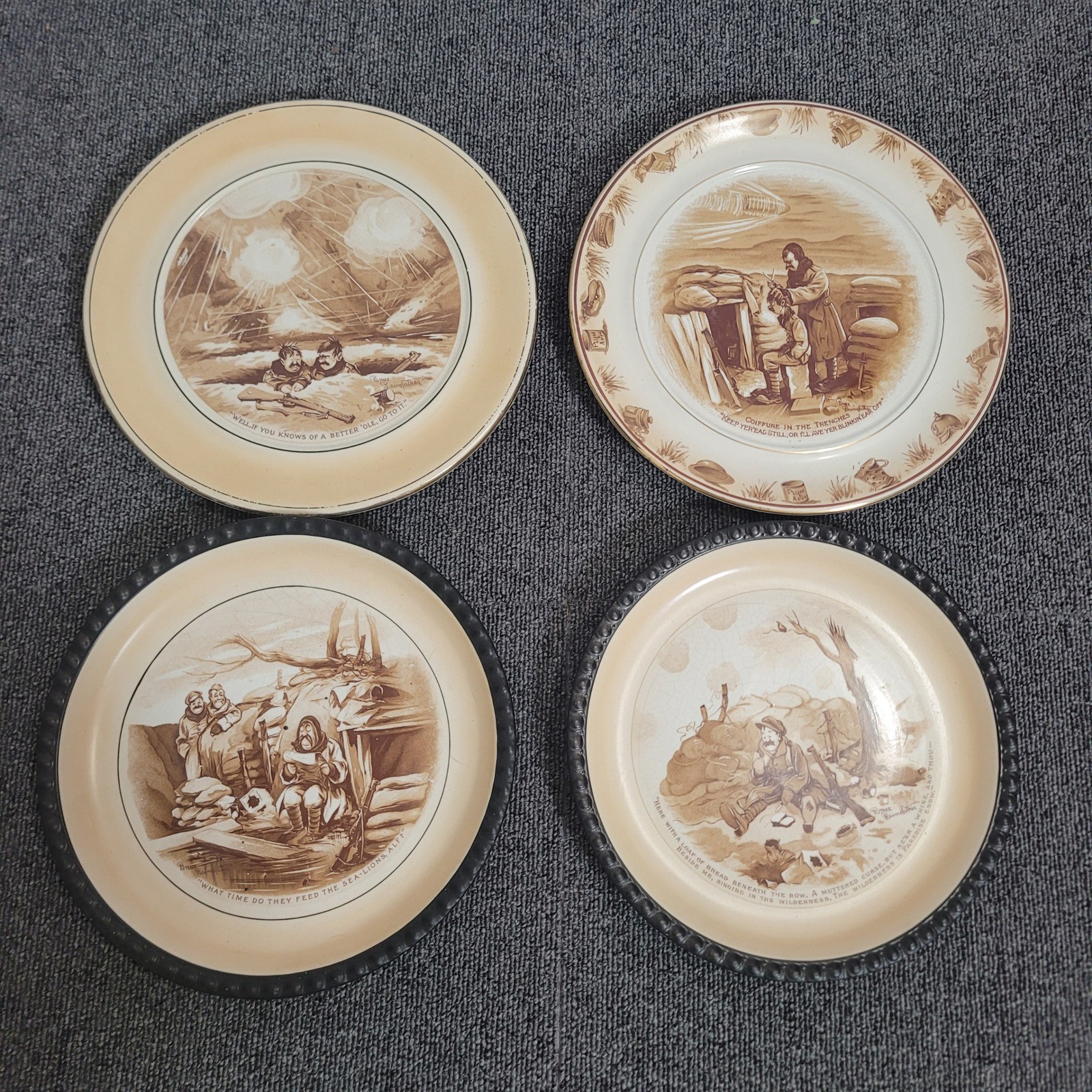 Grimwades Bruce Bairnsfather Old Bill WWI Cartoon Plates Set of 4 Sepia England