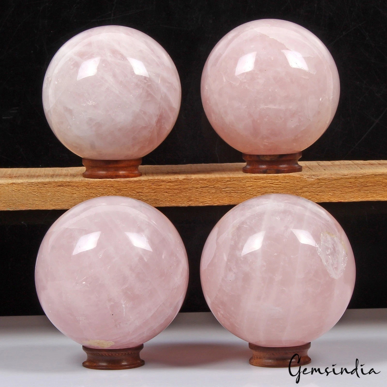 4 Pcs Set Natural Pink Rose Quartz Crystal Sphere Lot Healing Balls + Wood Stand
