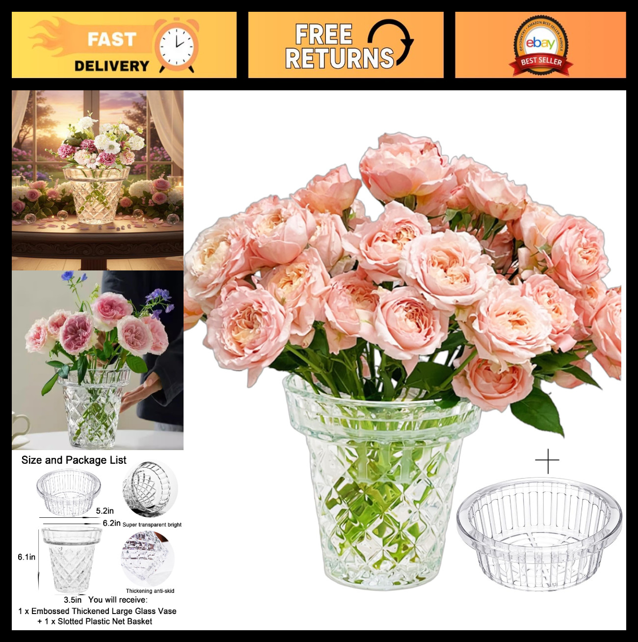 Large Thickened Glass Vase - 6.1in Wide Mouth Ribbed Rhombus for Bouquets & Hydr Large Thickened Glass Vase - 6.1in Wide Mouth Ribbed Rhombus for Bouquets & Hydr