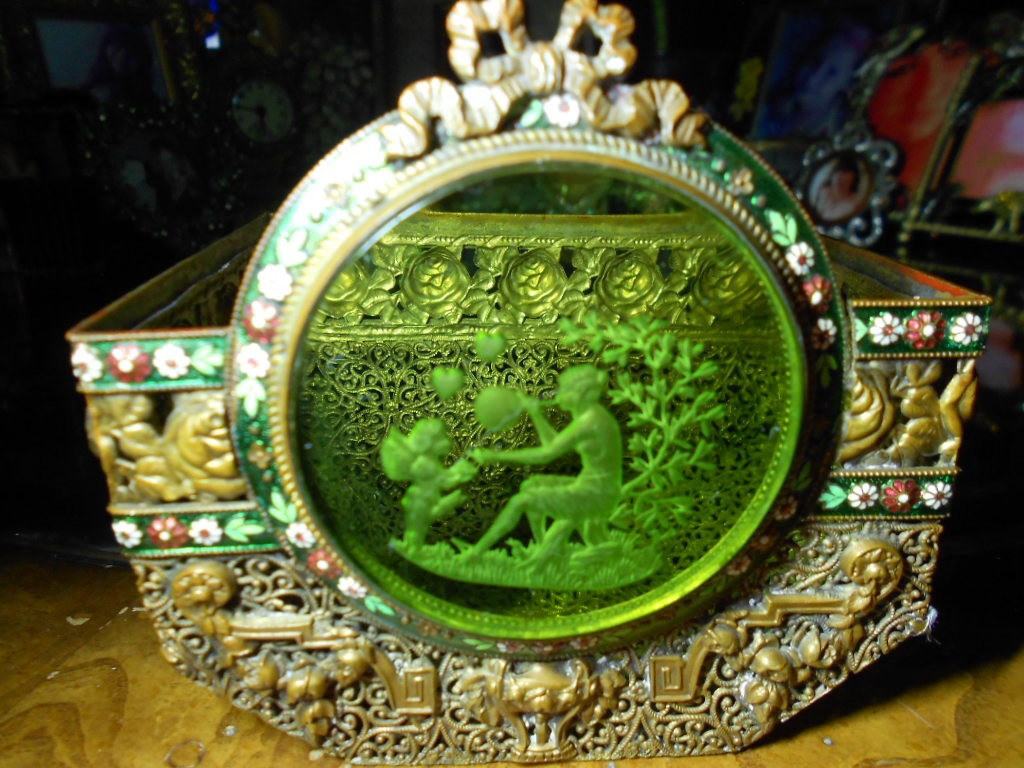 Vintage Ormolu Intagio Cupid and Psyche Green Glass Trinket Basket Vintage Ormolu Intagio Cupid and Psyche Green Glass Trinket Basket