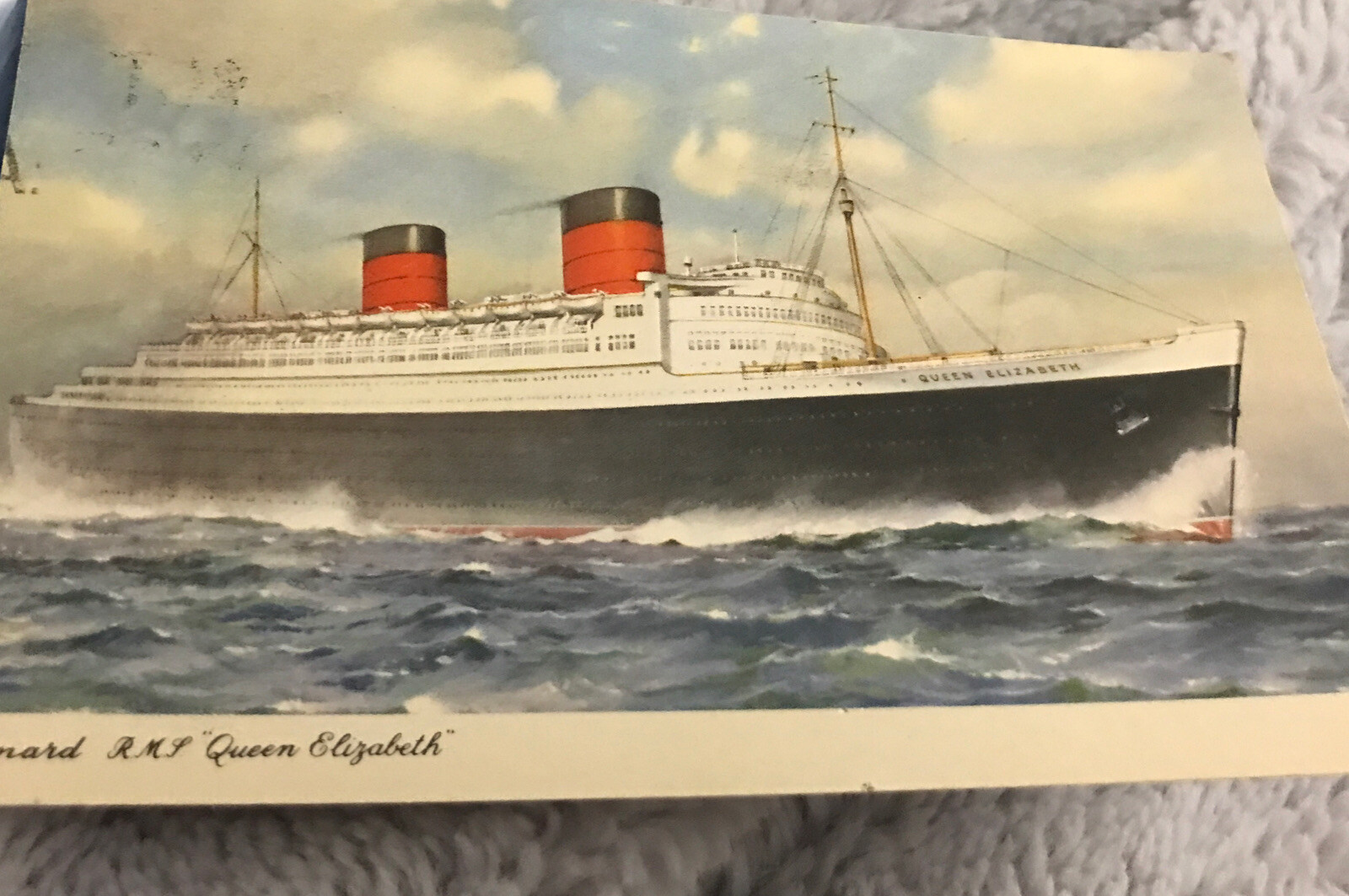1954 RMS Queen Elizabeth Postcard Posted Cunard Line Linen 1954 RMS Queen Elizabeth Postcard Posted Cunard Line Linen