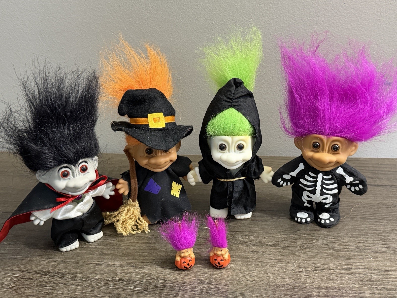 Vintage Russ Halloween Troll Dolls - 4 Witch Vampire Reaper Skeleton + Earrings Vintage Russ Halloween Troll Dolls - 4 Witch Vampire Reaper Skeleton + Earrings