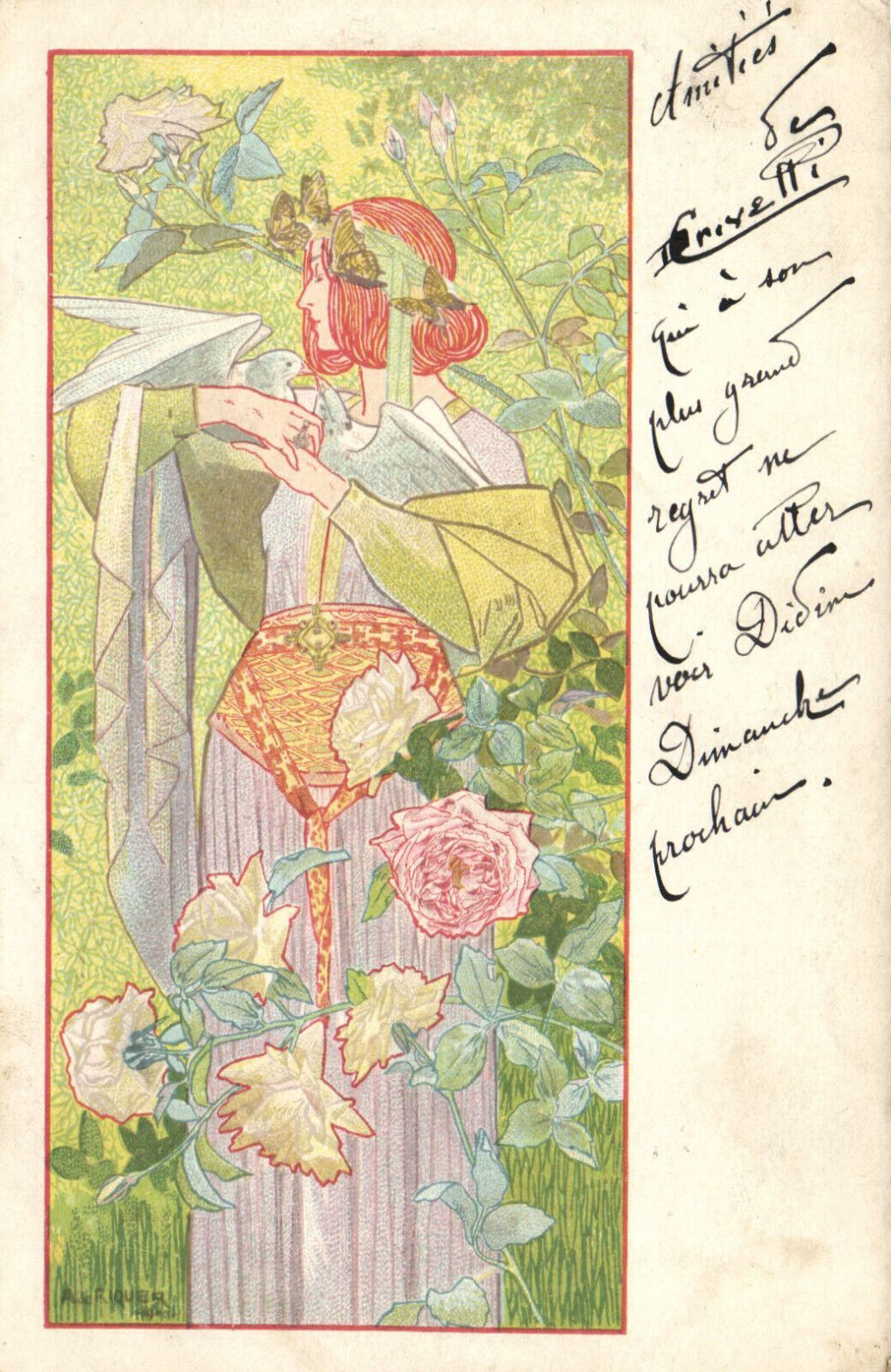 PC ARTIST SIGNED, RIQUER, ART NOUVEAU, FLOWERS, Vintage Postcard (b52163)