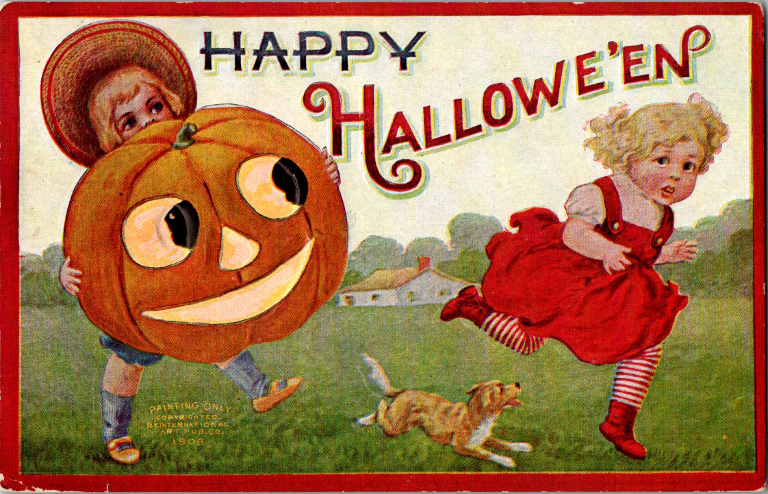 Antique Happy Halloween Postcard ~Boy Girl Dog JOL ~ Mailed 1909 Antique Happy Halloween Postcard ~Boy Girl Dog JOL ~ Mailed 1909
