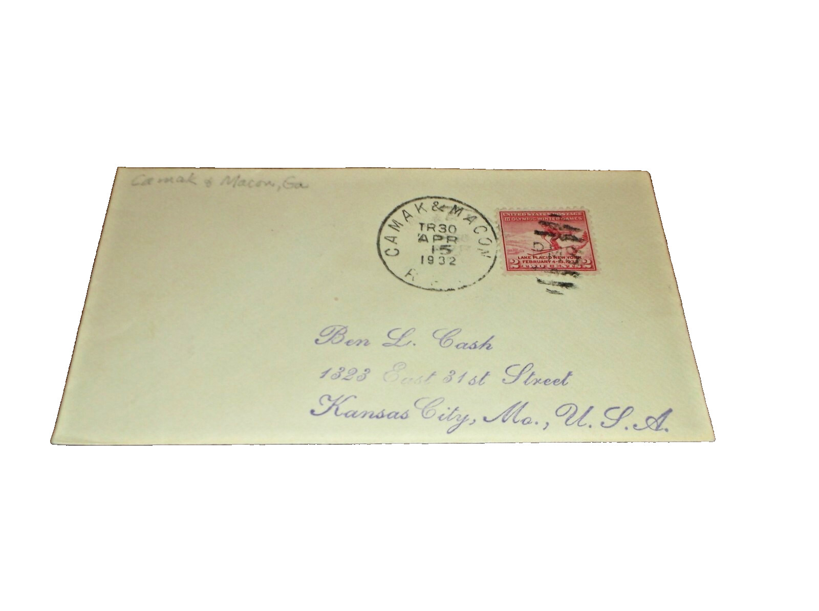 APRIL 1932 GEORGIA RAILROAD TRAIN #30 CAMAK & MACON RPO HANDLED ENVELOPE 