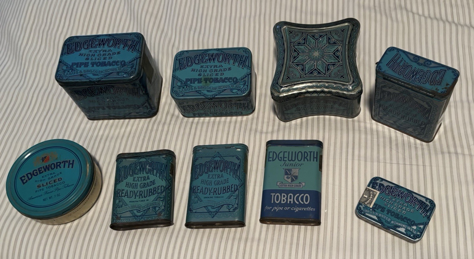 9 Edgeworth Vintage Early Pocket Tins Junior and Regular All Different 9 Edgeworth Vintage Early Pocket Tins Junior and Regular All Different