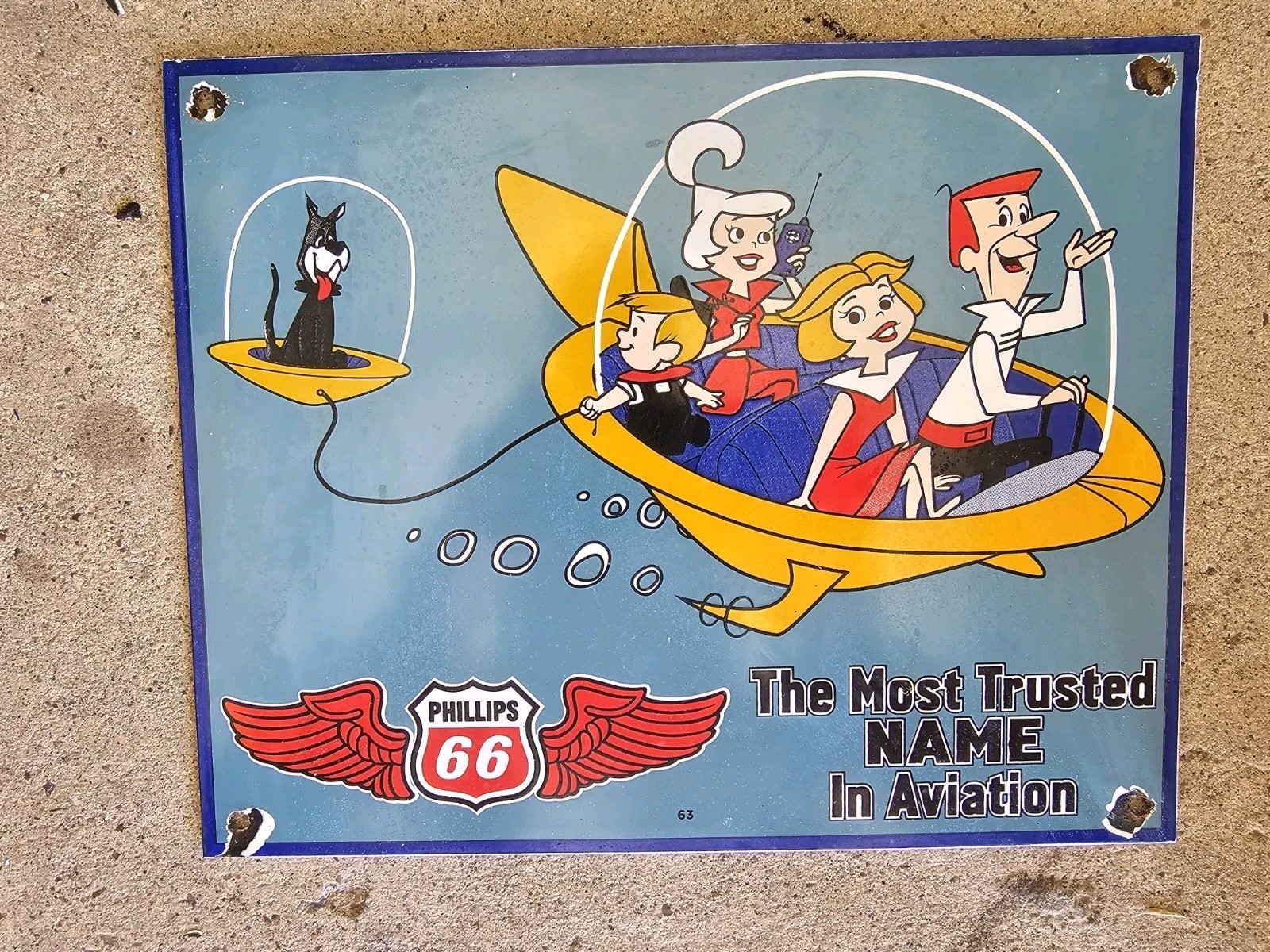 VINTAGE 1963 PHILLIPS 66 12"x10" GASOLINE THE JETSONS MOTOR OIL PORCELAIN SIGN VINTAGE 1963 PHILLIPS 66 12"x10" GASOLINE THE JETSONS MOTOR OIL PORCELAIN SIGN