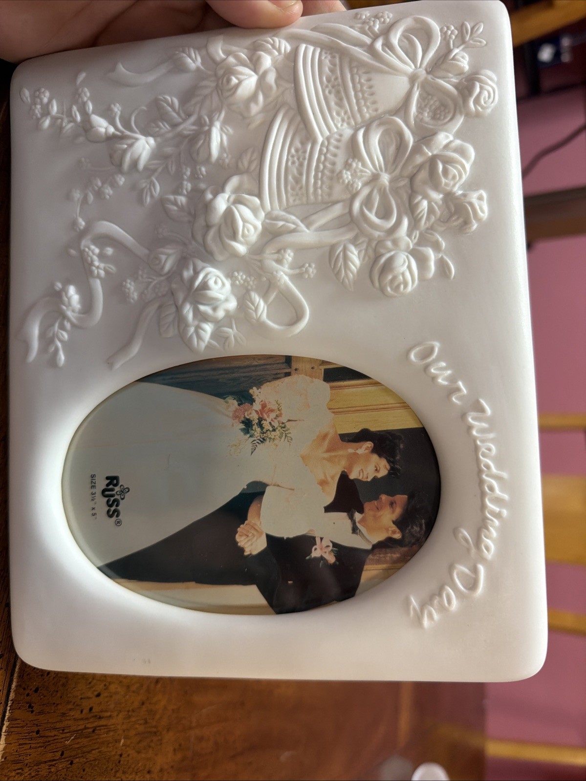 vintage Russ "Our Wedding Day" white porcelain picture frame