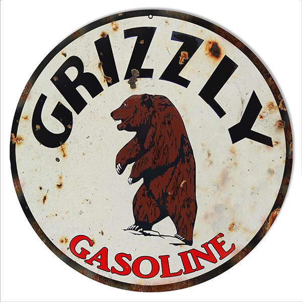 GRIZZLY GASOLINE BROWN BEAR 14" ROUND HEAVY DUTY USA MADE METAL GAS ADV SIGN