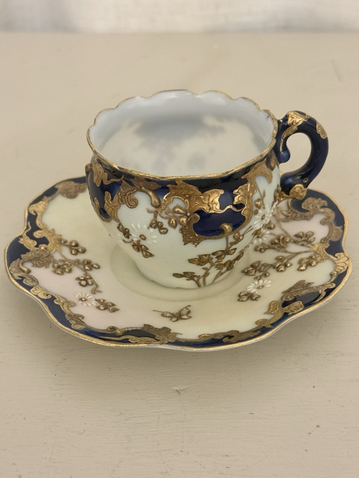 Antique Japanese Moriage Demitasse Cup Saucer Raised Gold Gilt Miniature Cabinet Antique Japanese Moriage Demitasse Cup Saucer Raised Gold Gilt Miniature Cabinet
