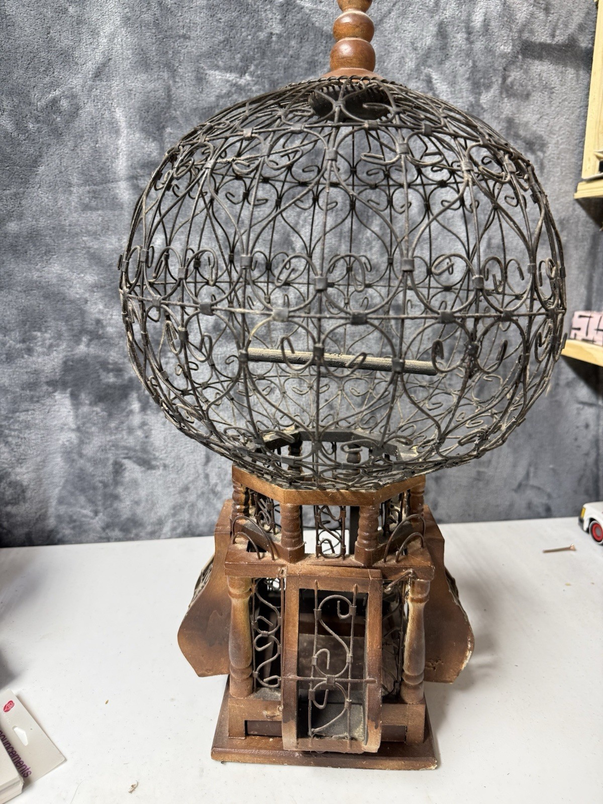 Antique Vintage Victorian Balloon Bird Cage - Carved Wood and Scroll Wire Antique Vintage Victorian Balloon Bird Cage - Carved Wood and Scroll Wire