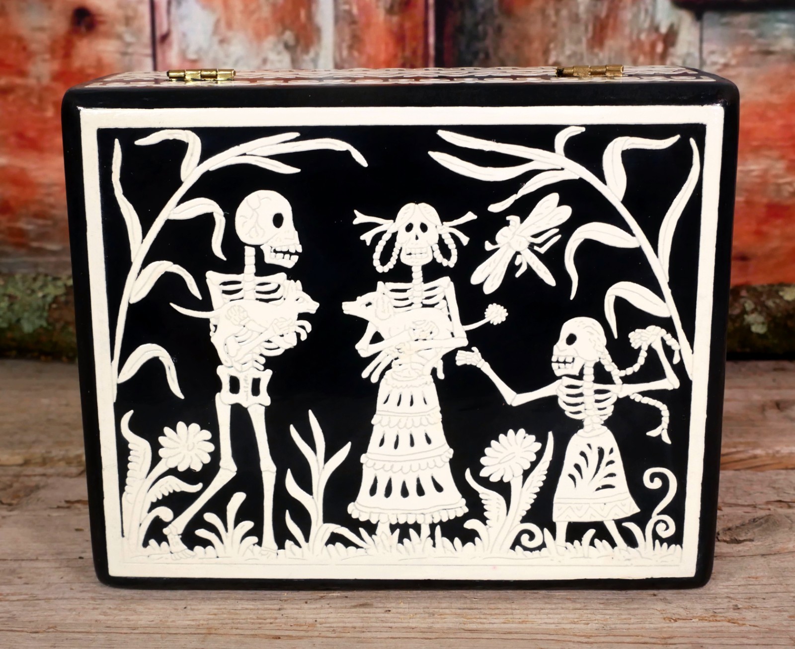 Day of the Dead Handmade Lacquer Box Skeletons Dog Child Olinalá Mexico Folk Art Day of the Dead Handmade Lacquer Box Skeletons Dog Child Olinalá Mexico Folk Art