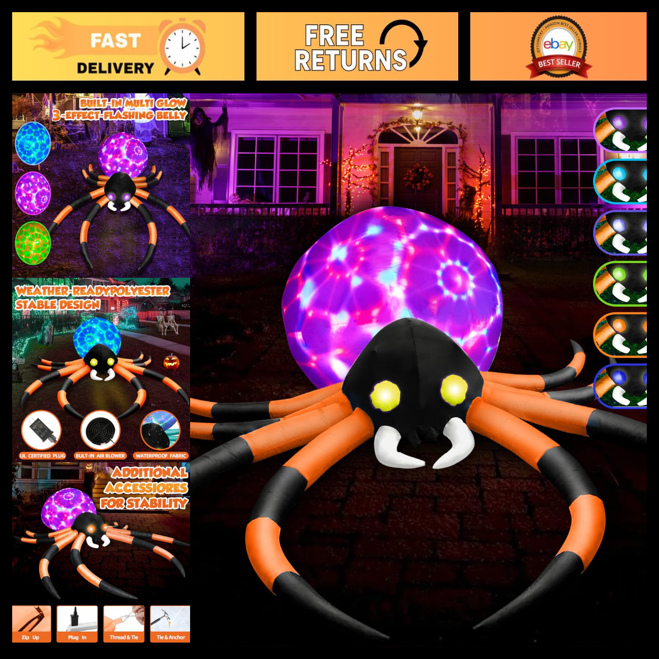 12FT Halloween Inflatable Spider with Color-Changing Eyes & Flashing Belly - Out 12FT Halloween Inflatable Spider with Color-Changing Eyes & Flashing Belly - Out
