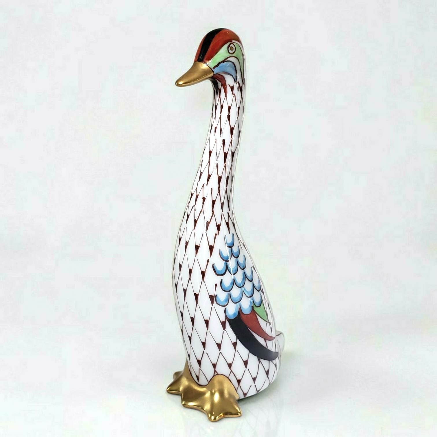 Vintage Hollohaza Hungary Fishnet Goose Porcelain Figurine Hand Painted Gold Vintage Hollohaza Hungary Fishnet Goose Porcelain Figurine Hand Painted Gold