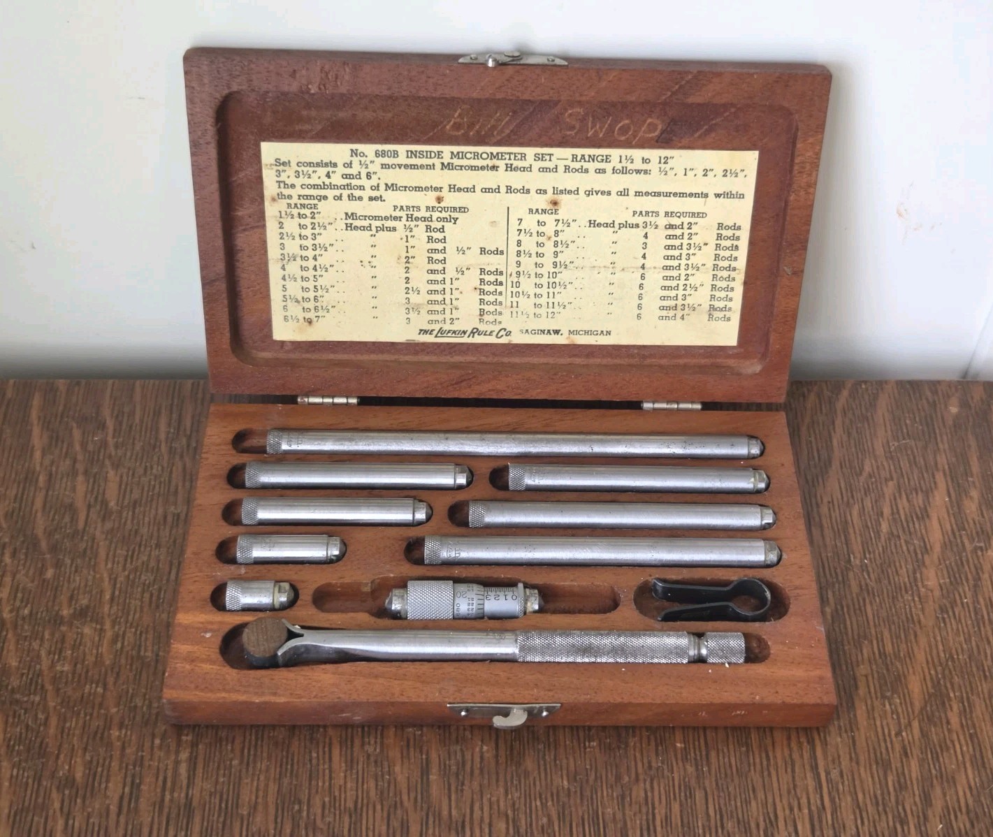 Vintage Lufkin Rule No. 680B Inside Micrometer Set 1 1/2" - 12" w/Wood Case USA