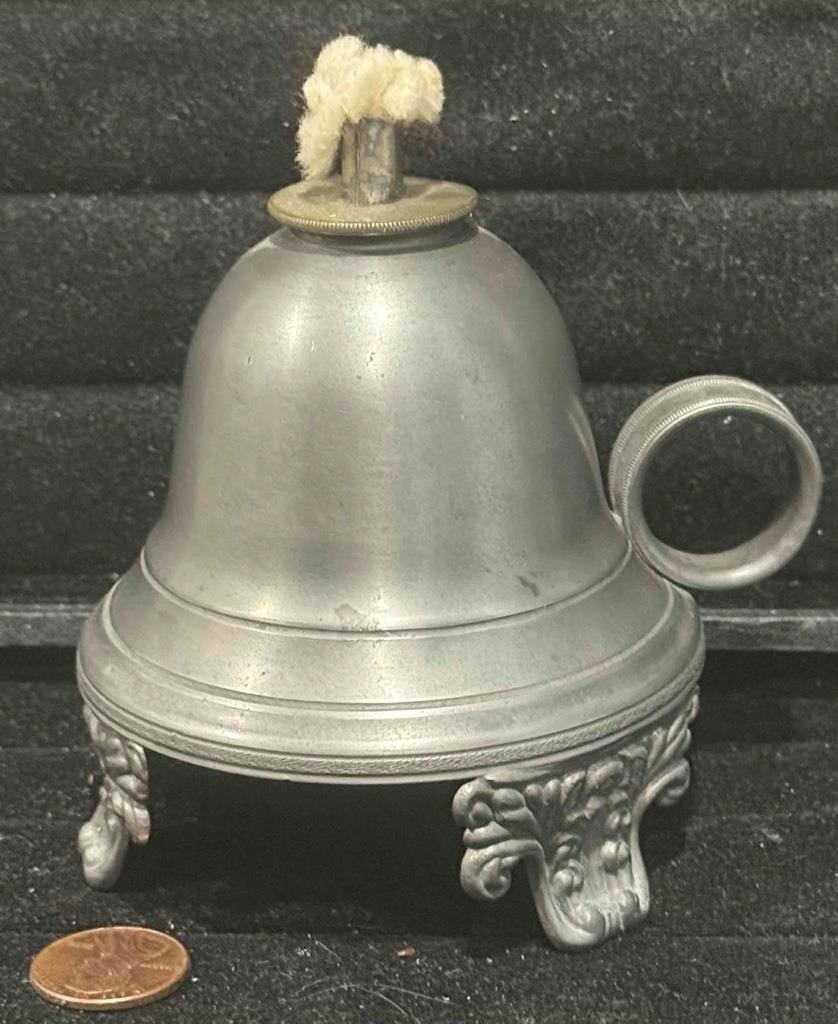 Unique Small Footed Antique American Pewter Bell-Shaped Chamberstick Fluid Lamp Unique Small Footed Antique American Pewter Bell-Shaped Chamberstick Fluid Lamp