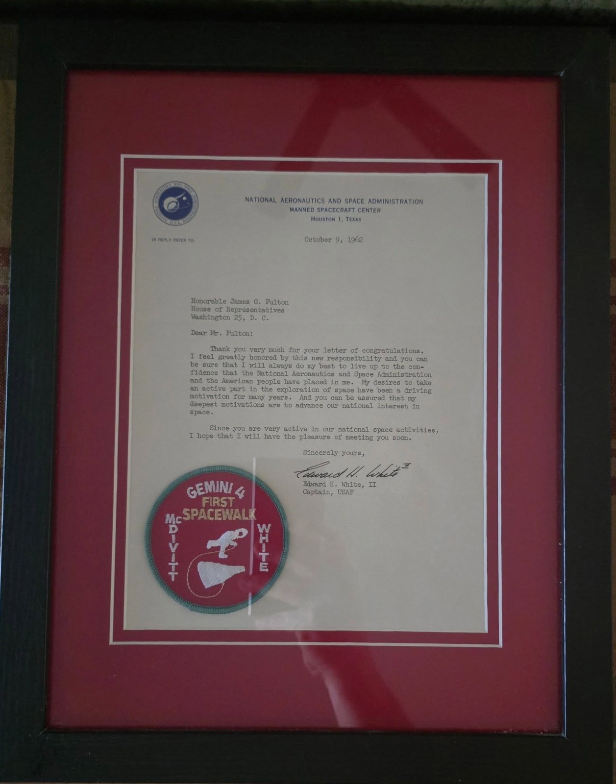 NASA Astronaut Ed White Framed Typed Letter Signed on NASA Letterhead Oct 1962 NASA Astronaut Ed White Framed Typed Letter Signed on NASA Letterhead Oct 1962
