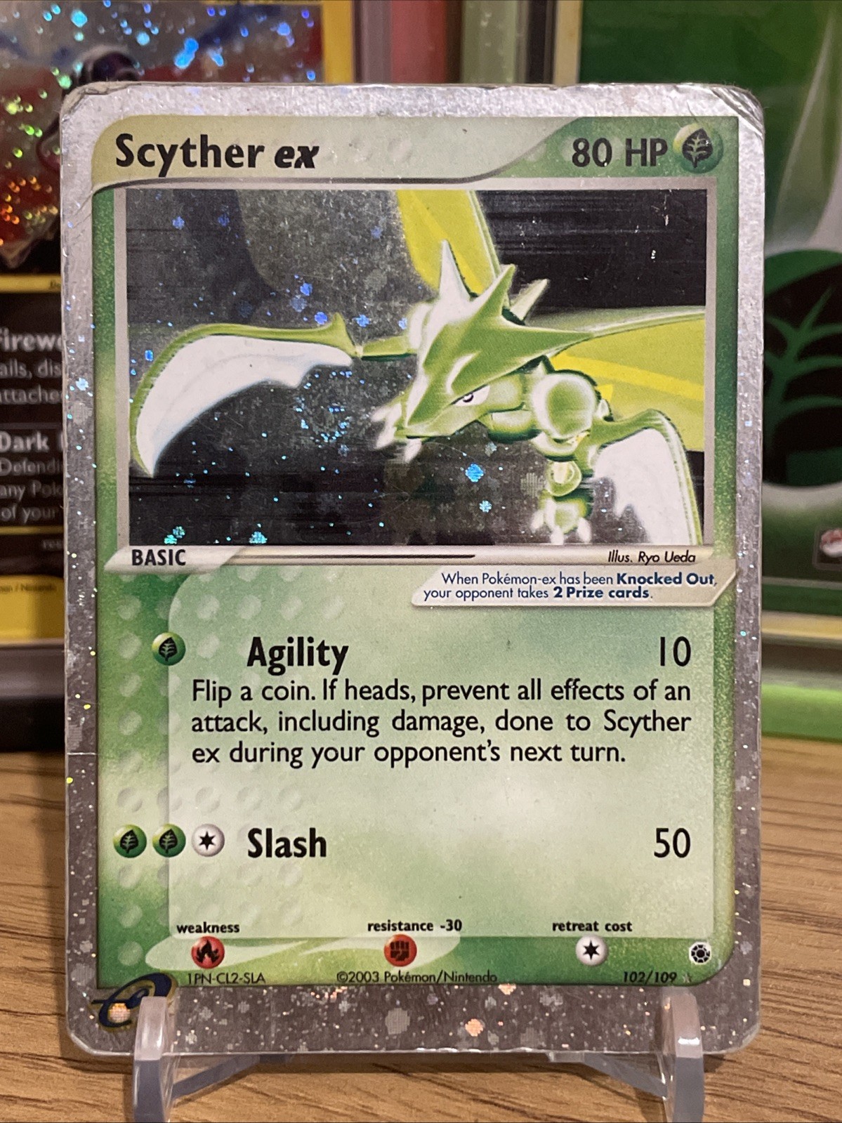 Scyther ex 102/109 Holo EX Rare Ruby & Sapphire Pokemon HP swirl Scyther ex 102/109 Holo EX Rare Ruby & Sapphire Pokemon HP swirl