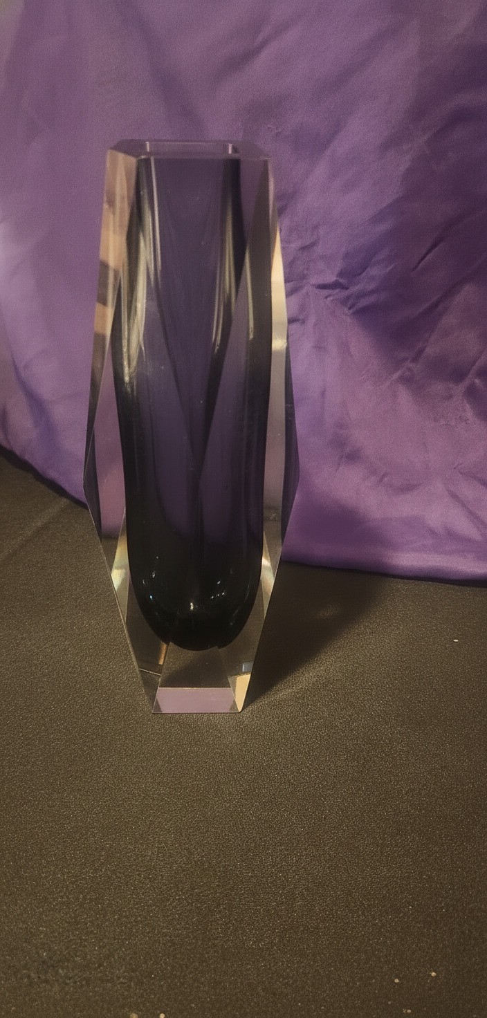 Vintage Mid-Century Murano 10" Faceted Sommerso Art Glass Vase – Smoke GrayClear