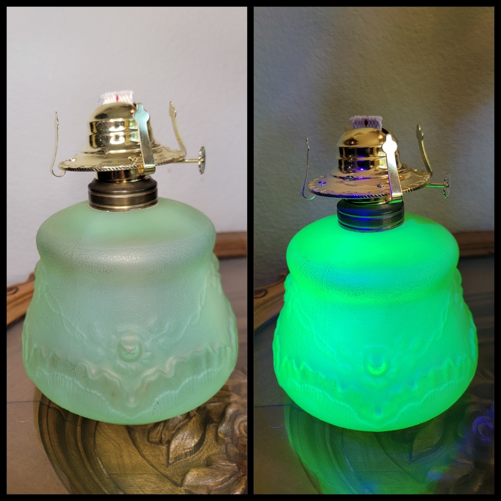 Antique Satin Frosted Uranium Glass Kerosene Oil Lamp Floral Antique Satin Frosted Uranium Glass Kerosene Oil Lamp Floral