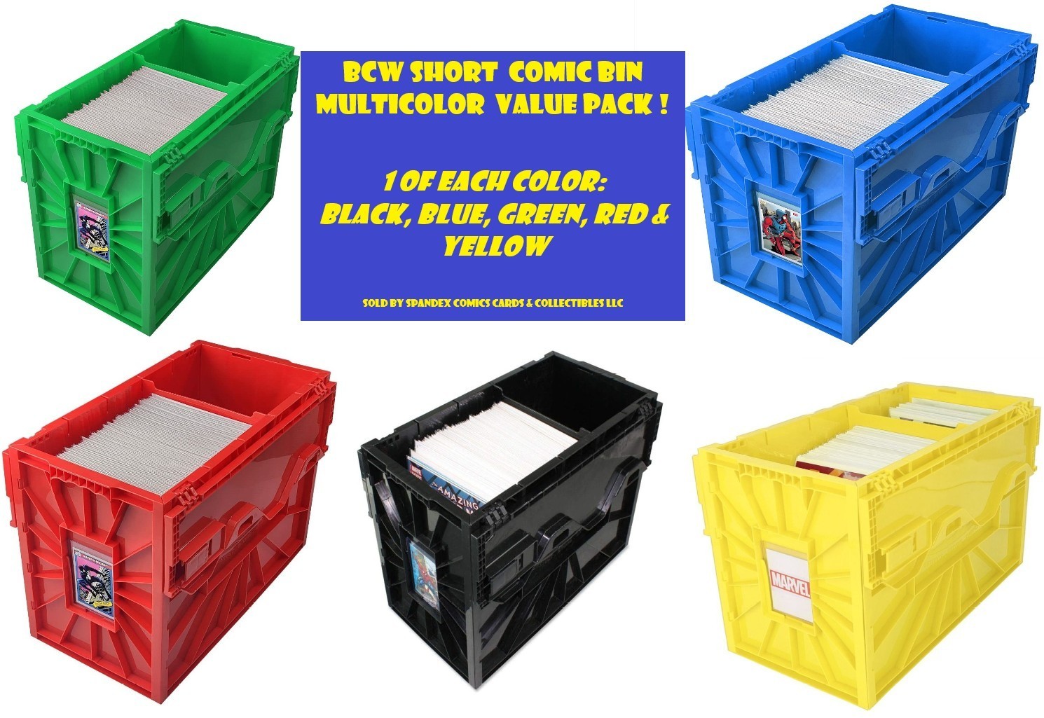 BCW MultiColor Short Comic Book Bin 5 Pack 1 ea. of Black Blue Green Red Yellow BCW MultiColor Short Comic Book Bin 5 Pack 1 ea. of Black Blue Green Red Yellow