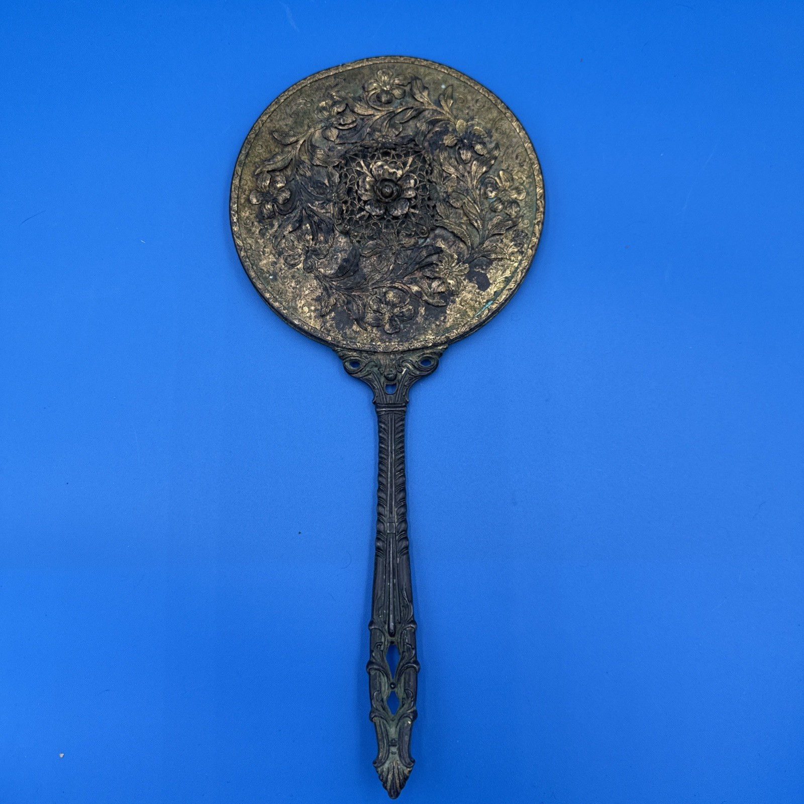 Antique Art Nouveau Brass Hand Mirror Floral Repoussé Vanity Mirror c1900 Antique Art Nouveau Brass Hand Mirror Floral Repoussé Vanity Mirror c1900
