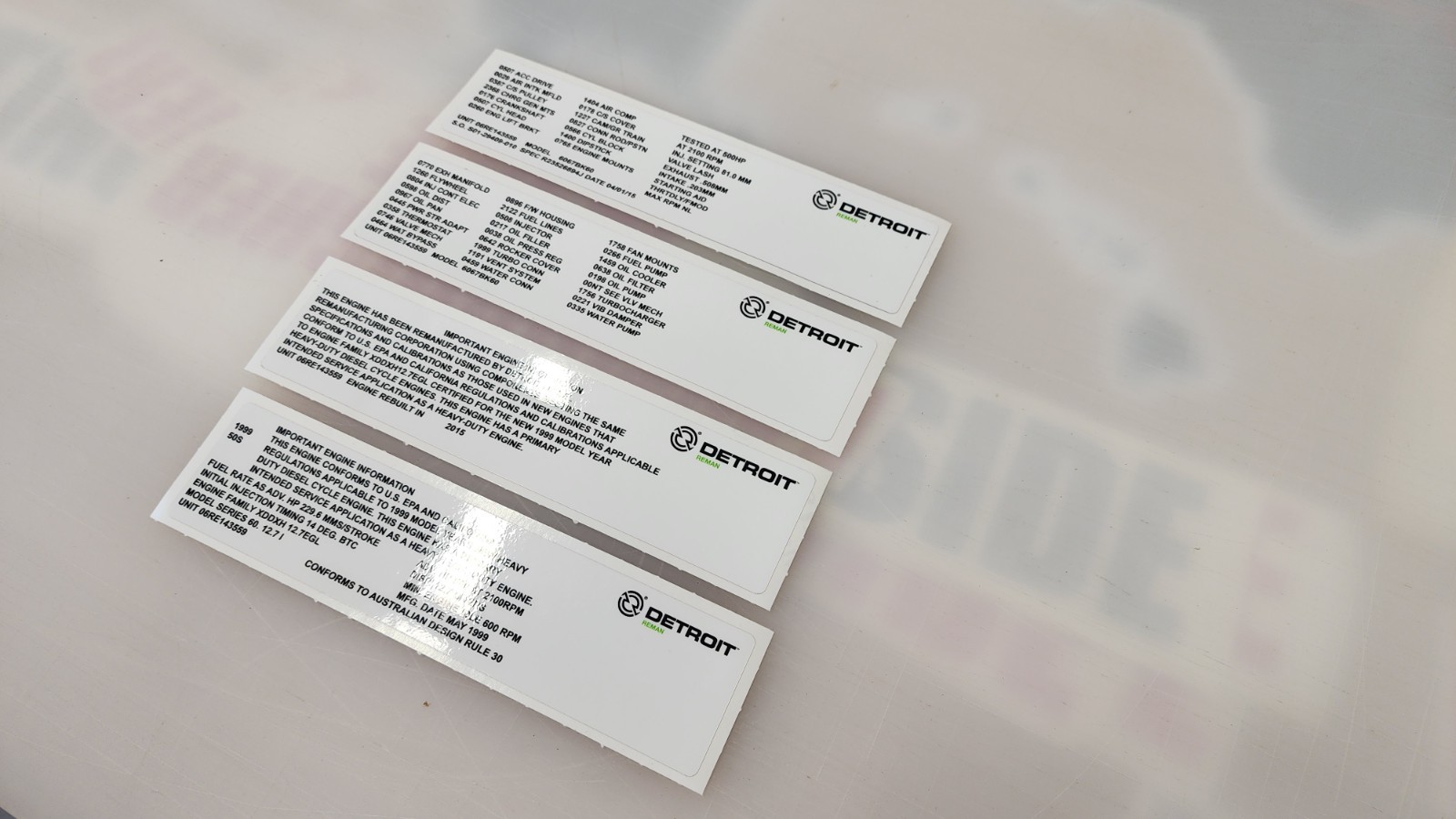 1999 DETROIT SERIES 60 12.7 ENGINE STICKER COMPLETE SET REMANUFACTURED DECAL 1999 DETROIT SERIES 60 12.7 ENGINE STICKER COMPLETE SET REMANUFACTURED DECAL