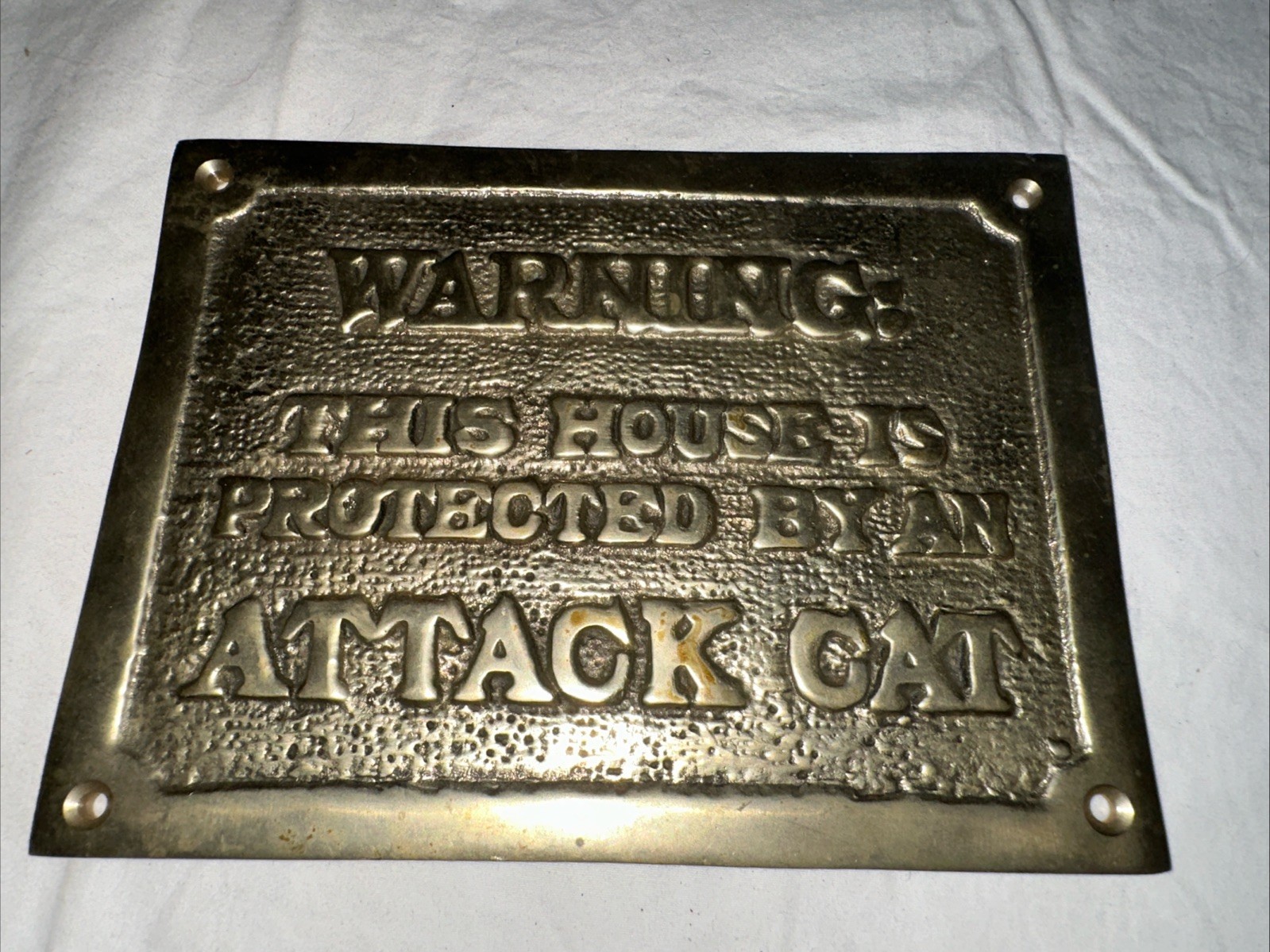Vintage Brass Warning Protected by Attack Cat Plaque Beware Entry Sign Heavy